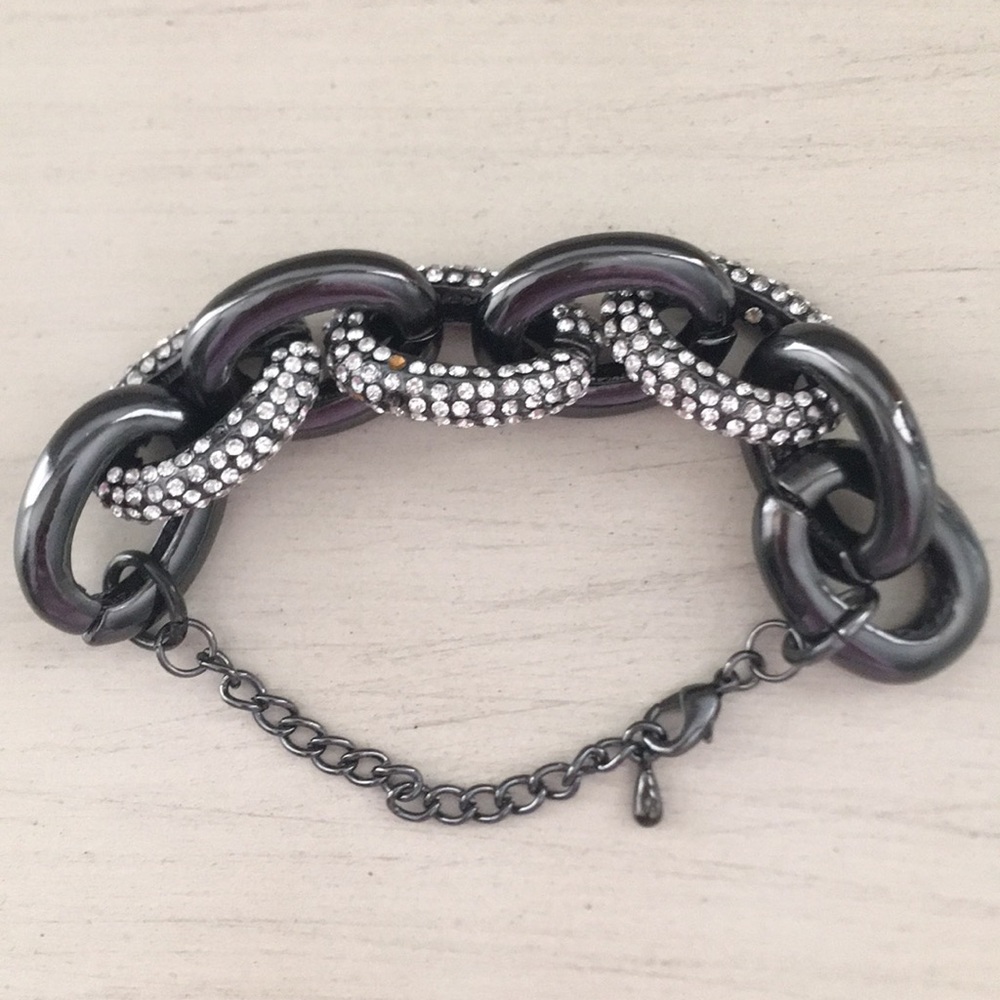 Pewter and rhinestone chain link bracelet